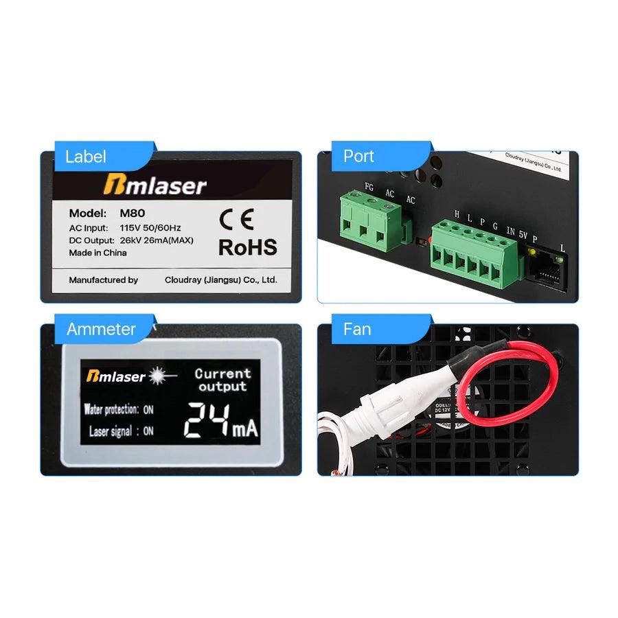 BMLaser Bundle For Sale 60W Metal Head Co2 Laser Tube + 80W 115V Laser Power Supply