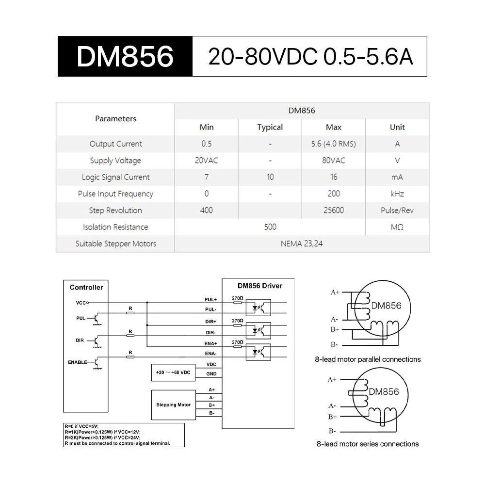 BMLaser DM856 20-80VDC 0.5-5.6A Leadshine 2 Phase Nema23/34 Stepper Motor Driver