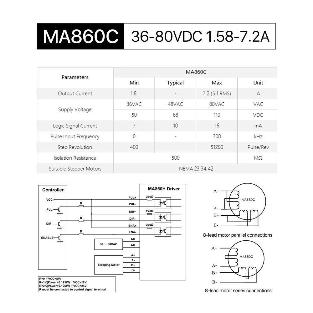 BMLaser MA860C 36-80VDC 1.58-7.2A Leadshine 2 Phase Nema23/34 Stepper Motor Driver