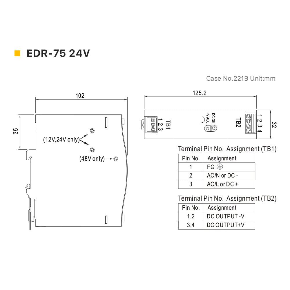 Оригинално MW EDR-75/120/150 серия 24V релсово захранване