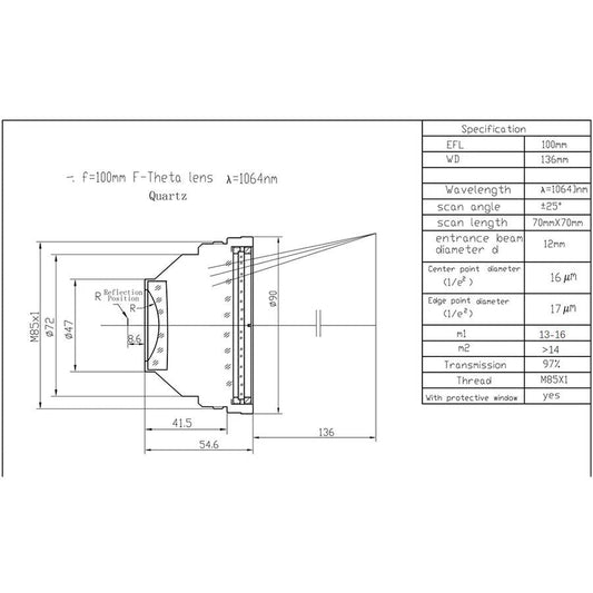 BMLaser Quartz M85 Fiber Laser F-theta Scan Lens For 100W Fiber Laser Engraver